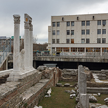 PLOVDIV, BULGARIA - DECEMBER 30 2016:  Panorama of Ruins of Roman Odeon in city of Plovdiv, Bulgaria