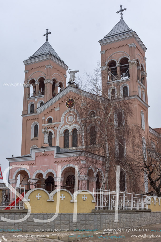 RAKOVSKI, BULGARIA - DECEMBER 31 2016: The Roman Catholic church of St Michael the Archangel in town of Rakovski, Bulgaria