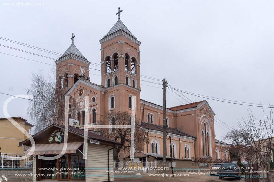 RAKOVSKI, BULGARIA - DECEMBER 31 2016: The Roman Catholic church of St Michael the Archangel in town of Rakovski, Bulgaria