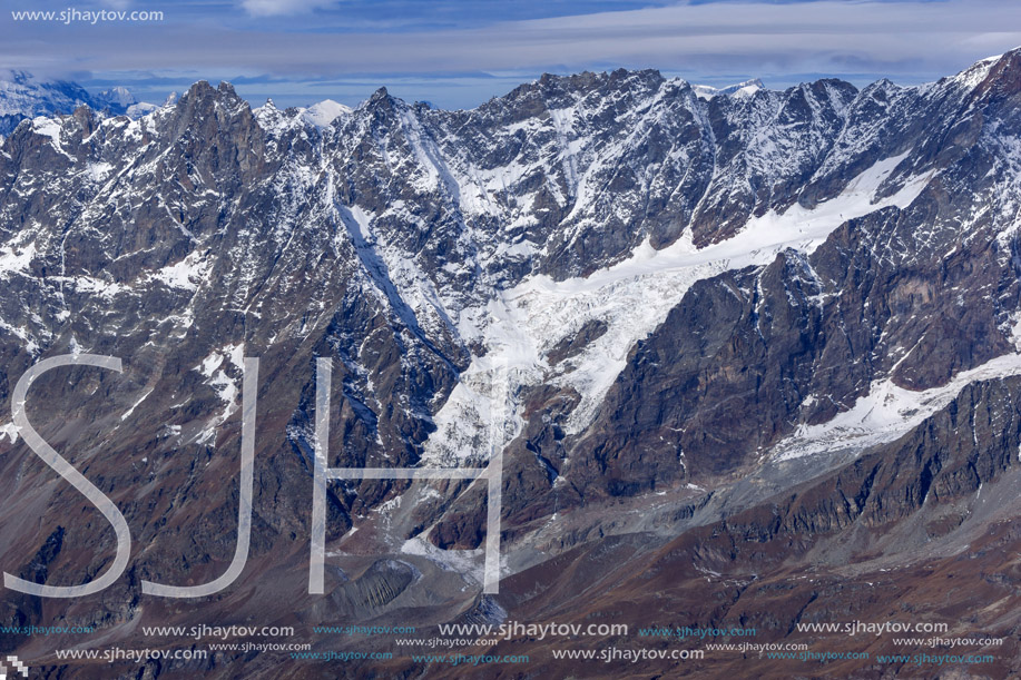 Panorama to Swiss Alps from matterhorn glacier paradise to Alps, Switzerland