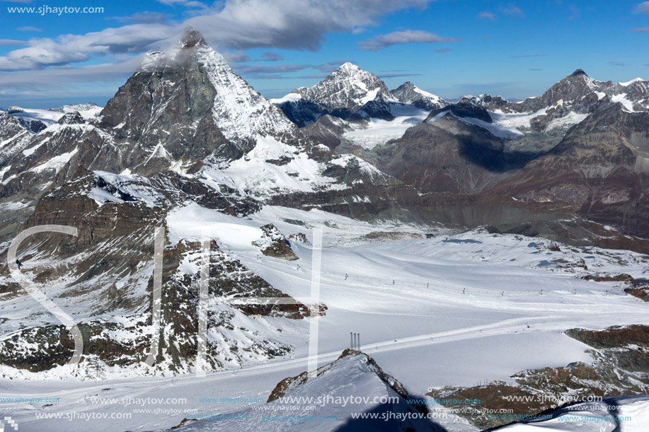 Panorama of mount Matterhorn covered with clouds, Canton of Valais, Alps, Switzerland