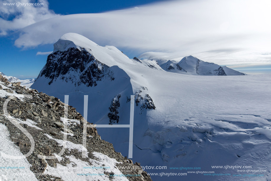 Winter Landscape of swiss Alps and mount Breithorn, Canton of Valais, Switzerland