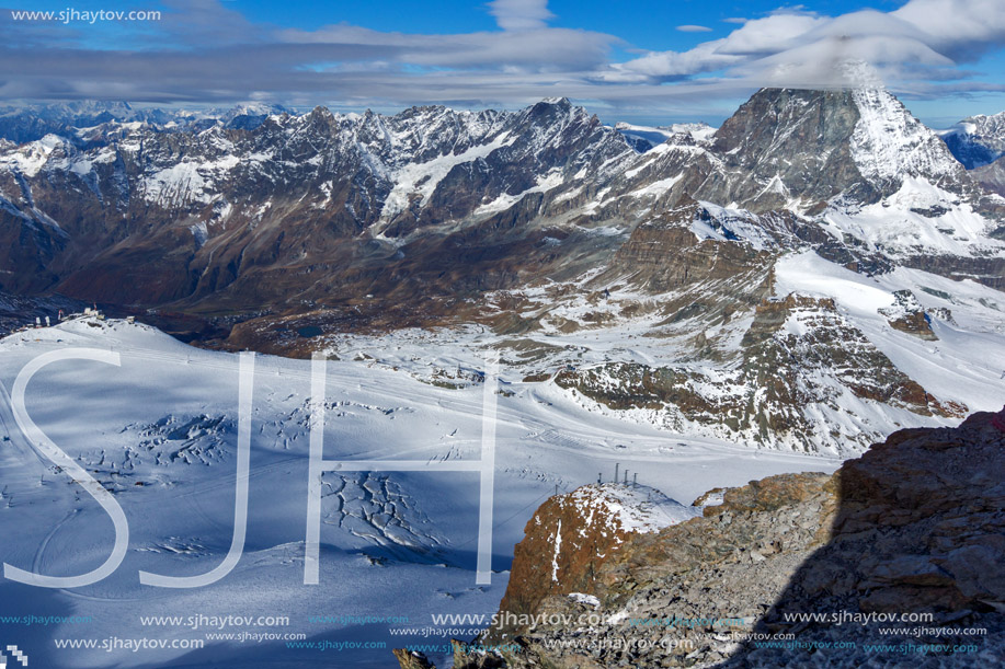 Panoramic view of mount Matterhorn covered with clouds, Canton of Valais, Alps, Switzerland