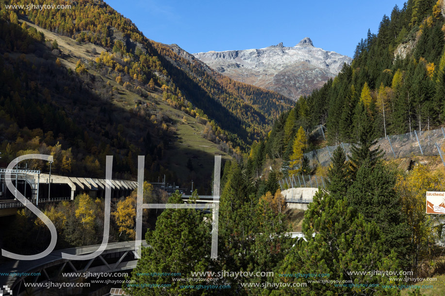 Amazing panorama of Alps and Lotschberg Tunnel under the mountain, Switzerland