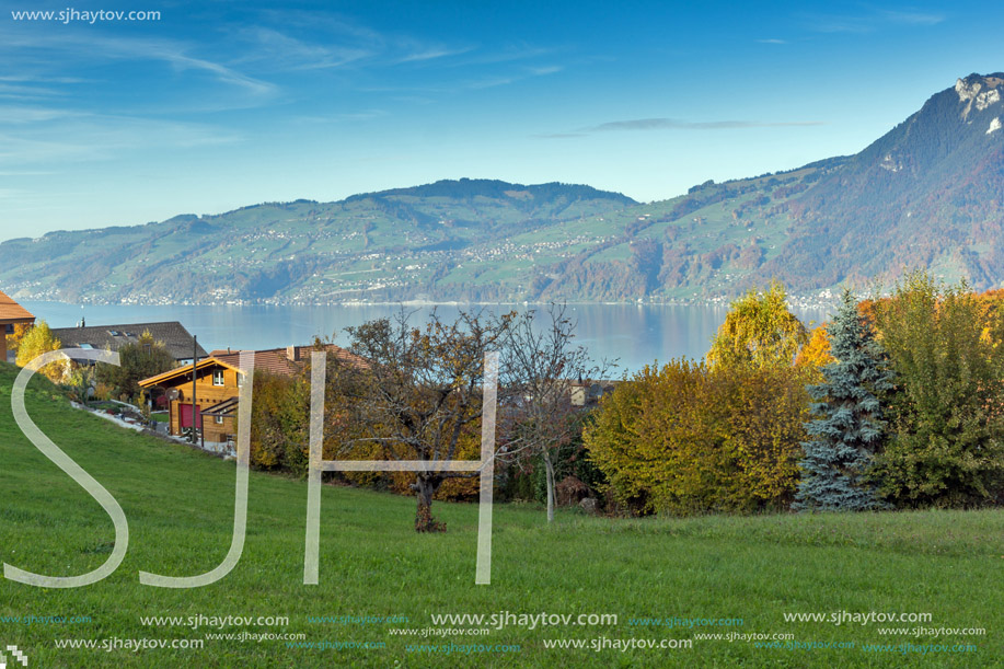 Lake Thun and typical Switzerland village near town of Interlaken, canton of Bern