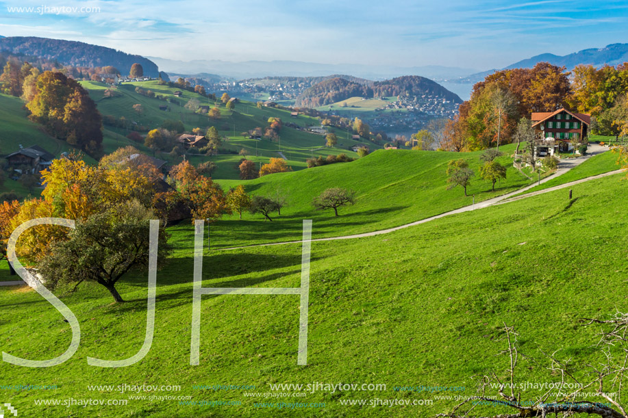 green meadows and typical Switzerland village near town of Interlaken, canton of Bern