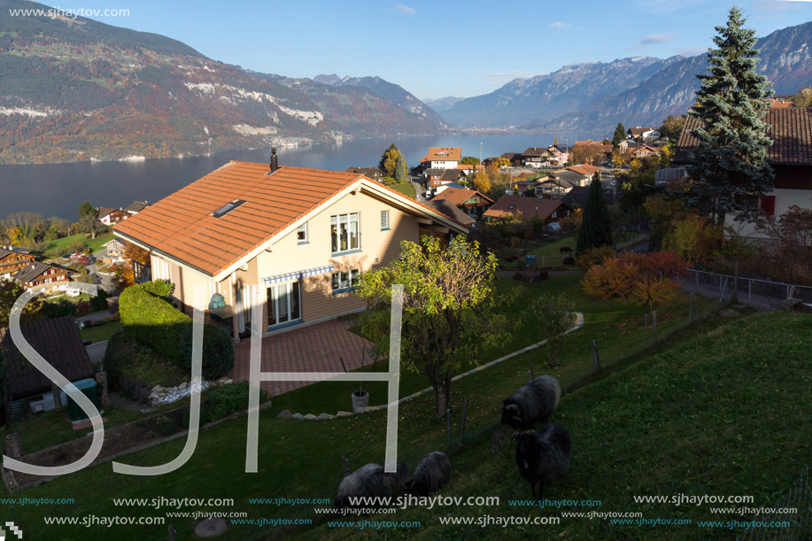 Lake Thun and typical Switzerland village near town of Interlaken, canton of Bern