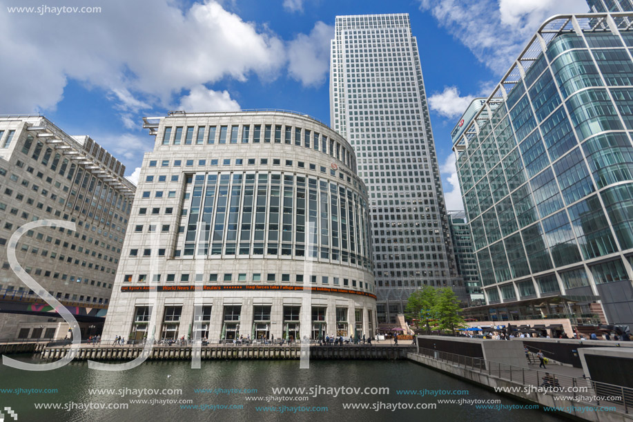 LONDON, ENGLAND - JUNE 17 2016: Business building and skyscraper in Canary Wharf, London, England, Great Britain