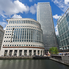 LONDON, ENGLAND - JUNE 17 2016: Business building and skyscraper in Canary Wharf, London, England, Great Britain