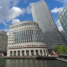 LONDON, ENGLAND - JUNE 17 2016: Business building and skyscraper in Canary Wharf, London, England, Great Britain