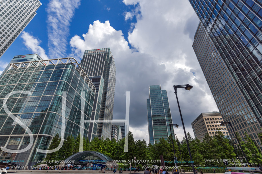 LONDON, ENGLAND - JUNE 17 2016: Business building and skyscraper in Canary Wharf, London, England, Great Britain