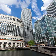 LONDON, ENGLAND - JUNE 17 2016: Business building and skyscraper in Canary Wharf, London, England, Great Britain
