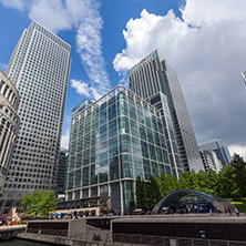LONDON, ENGLAND - JUNE 17 2016: Business building and skyscraper in Canary Wharf, London, England, Great Britain