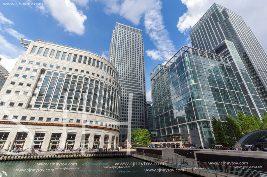 LONDON, ENGLAND - JUNE 17 2016: Business building and skyscraper in Canary Wharf, London, England, Great Britain