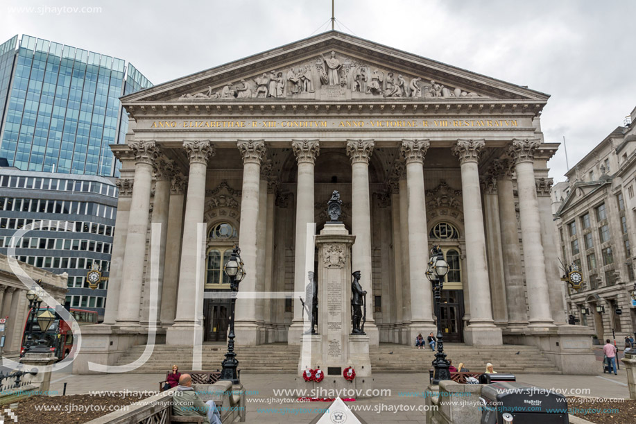 LONDON, ENGLAND - JUNE 18 2016: The Royal Exchange in city of London, England, Great Britain