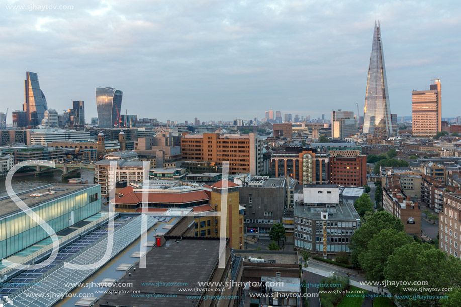 LONDON, ENGLAND - JUNE 18 2016: Sunset panorama of The Shard and city of London and Thames river, England, Great Britain