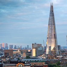 LONDON, ENGLAND - JUNE 18 2016: Sunset panorama of The Shard and city of London and Thames river, England, Great Britain