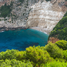 Blue water and rocks of beach at Zakynthos island, Greece