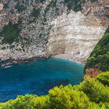 Blue water and rocks of beach at Zakynthos island, Greece