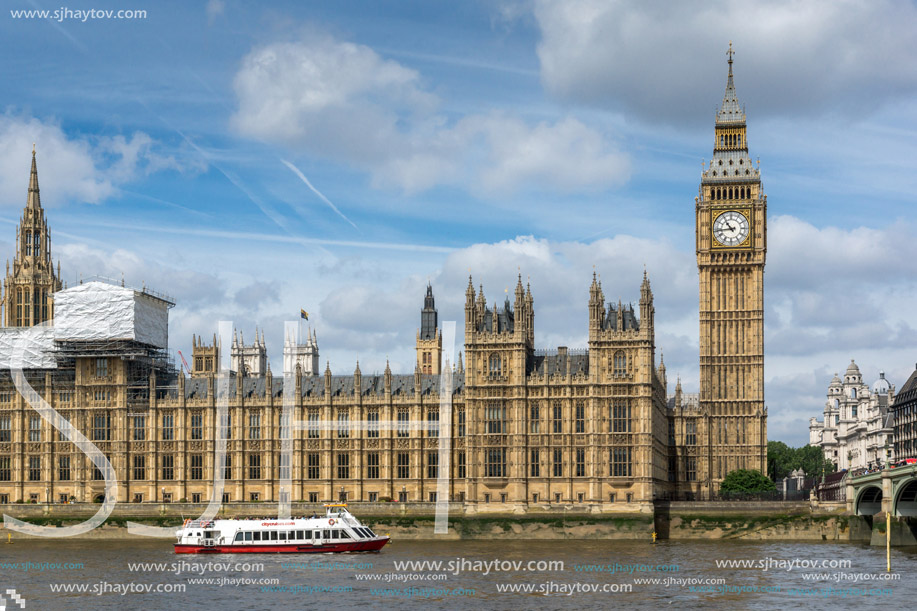 LONDON, ENGLAND - JUNE 19 2016: Cityscape of Westminster Palace and Thames River, London, England, United Kingdom