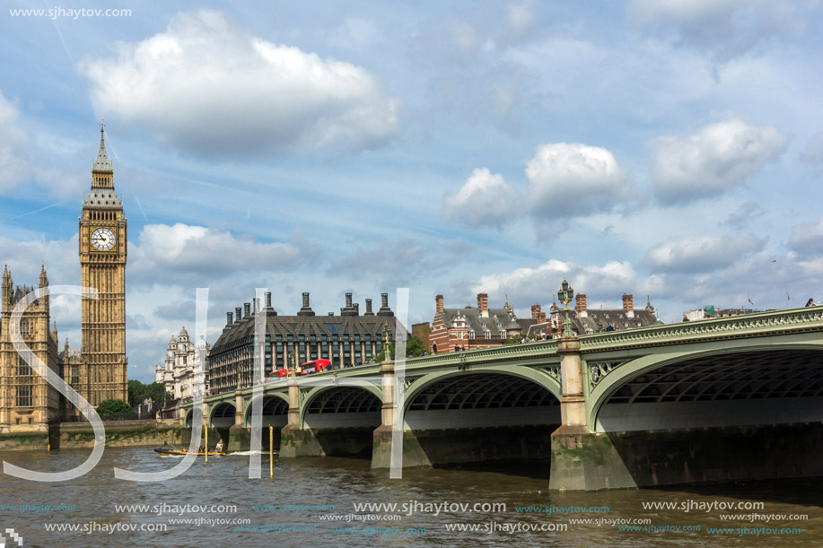 LONDON, ENGLAND - JUNE 19 2016: Cityscape of Westminster Palace and Thames River, London, England, United Kingdom