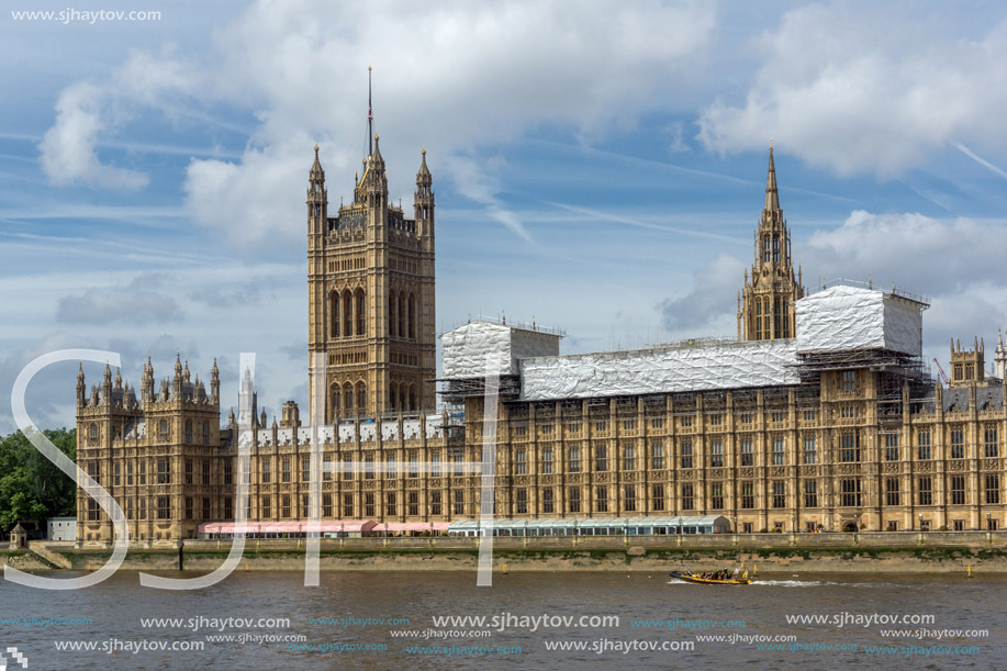 LONDON, ENGLAND - JUNE 19 2016: Cityscape of Westminster Palace and Thames River, London, England, United Kingdom