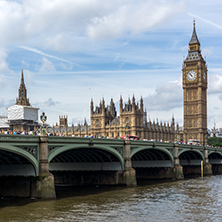 LONDON, ENGLAND - JUNE 19 2016: Cityscape of Westminster Palace and Thames River, London, England, United Kingdom