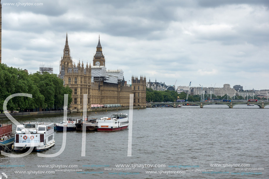 LONDON, ENGLAND - JUNE 19 2016: Cityscape of Westminster Palace and Thames River, London, England, United Kingdom