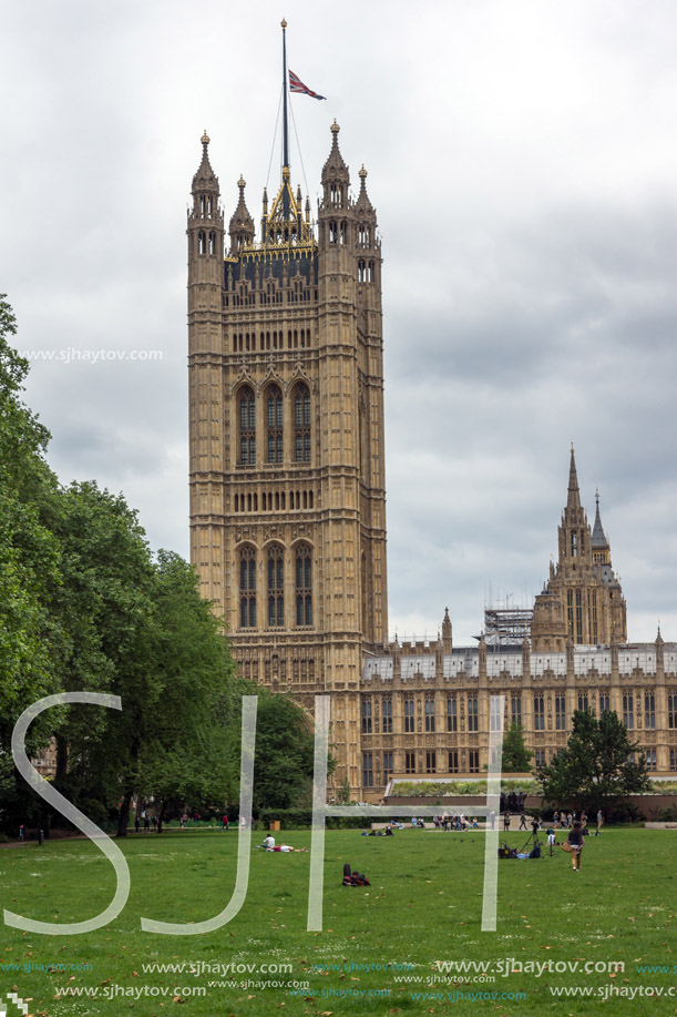 LONDON, ENGLAND - JUNE 19 2016: Victoria Tower in Houses of Parliament, Palace of Westminster,  London, England, Great Britain