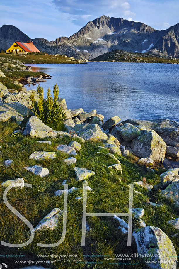 Sunset over Tevno Lake and Kamenitsa peak, Pirin mountain, Bulgaria