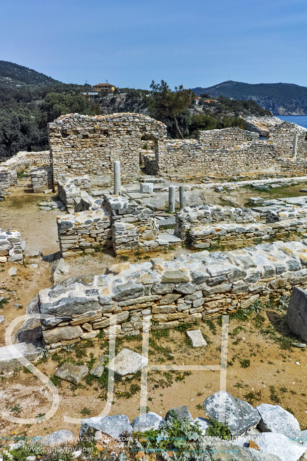 Columns in Ruins of ancient church in Archaeological site of Aliki, Thassos island,  East Macedonia and Thrace, Greece
