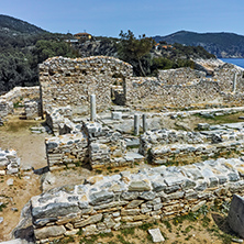 Columns in Ruins of ancient church in Archaeological site of Aliki, Thassos island,  East Macedonia and Thrace, Greece