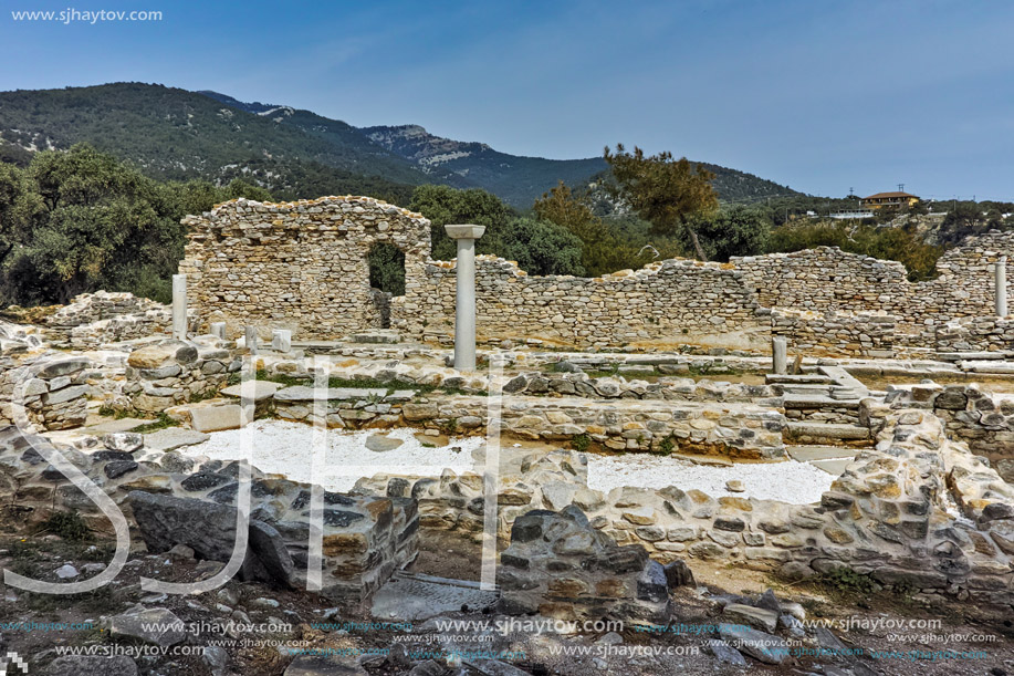 Columns in Ruins of ancient church in Archaeological site of Aliki, Thassos island,  East Macedonia and Thrace, Greece