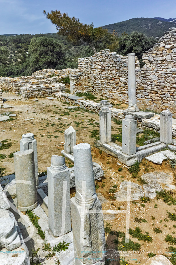 Columns in Ruins of ancient church in Archaeological site of Aliki, Thassos island,  East Macedonia and Thrace, Greece