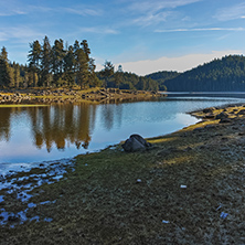 Landscape of Green forest of Shiroka polyana Reservoir, Pazardzhik Region, Bulgaria