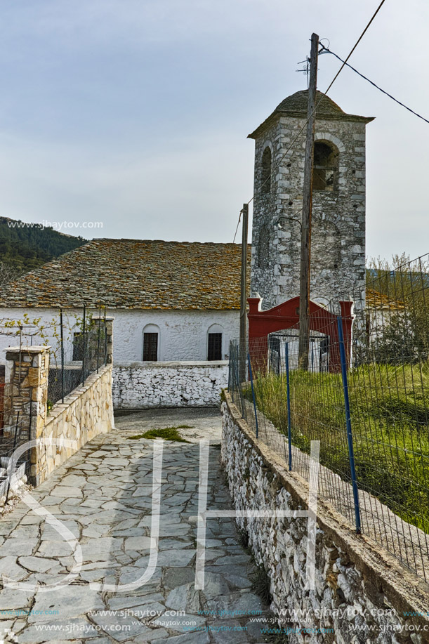 Bell Tower of Orthodox church with stone roof in village of Theologos,Thassos island, East Macedonia and Thrace, Greece