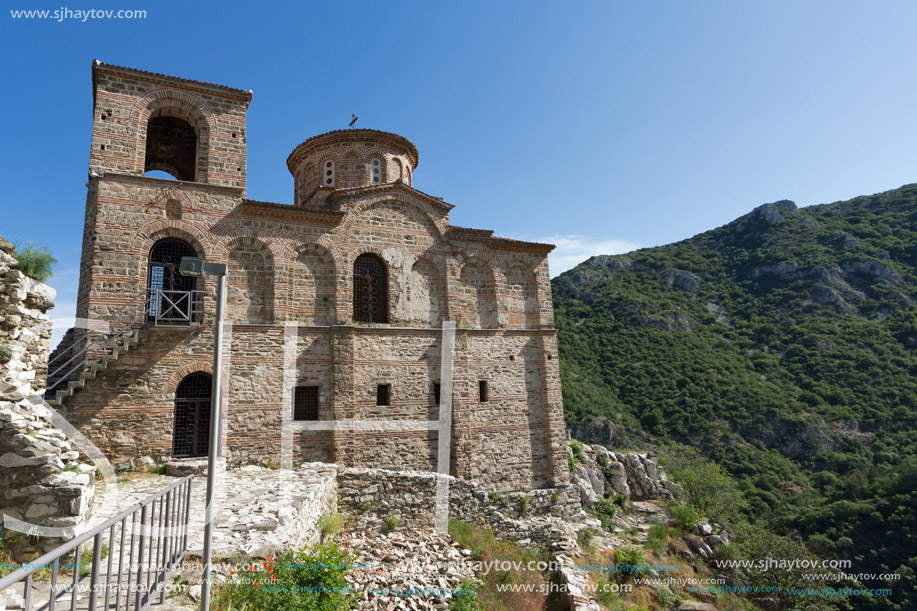Panorama of Church of the Holy Mother of God in Asen"s Fortress and Rhodopes mountain, Asenovgrad, Plovdiv Region, Bulgaria