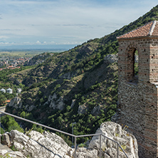 Panorama of Church of the Holy Mother of God in Asen"s Fortress and Rhodopes mountain, Asenovgrad, Plovdiv Region, Bulgaria