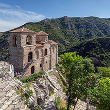 Panorama of Church of the Holy Mother of God in Asen"s Fortress and Rhodopes mountain, Asenovgrad, Plovdiv Region, Bulgaria