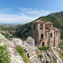 Panorama of Church of the Holy Mother of God in Asen"s Fortress and Rhodopes mountain, Asenovgrad, Plovdiv Region, Bulgaria