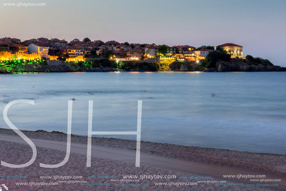 Night photo of reconstructed gate part of Sozopol ancient fortifications, Bulgaria