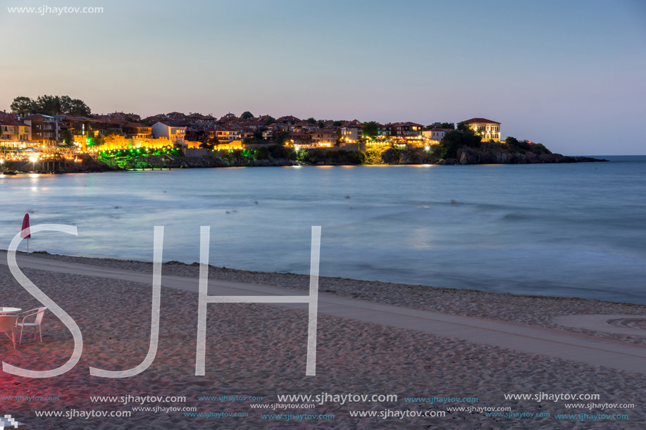 Night photo of old town and beach of of Sozopol town, Burgas Region, Bulgaria