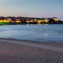 Night photo of old town and beach of of Sozopol town, Burgas Region, Bulgaria