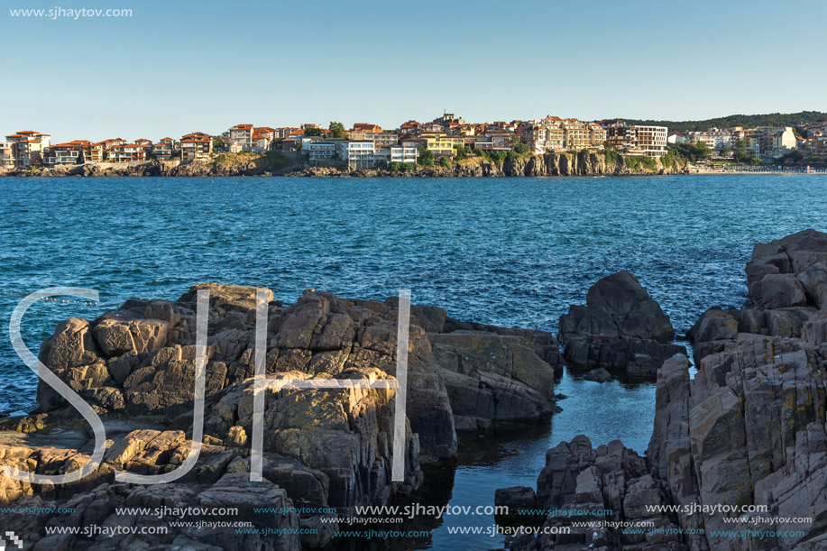 Panorama of beach and new part of Sozopol, Burgas Region, Bulgaria