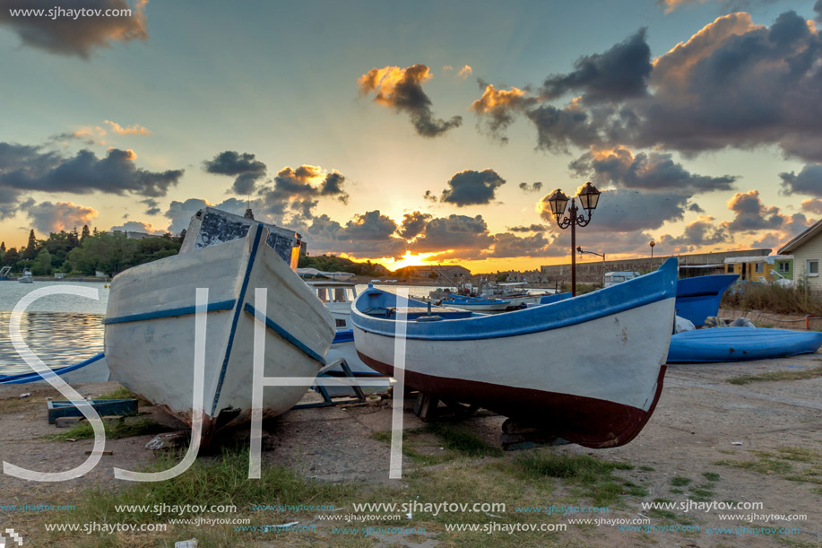 Old Boat and Amazing sunset on port of Sozopol, Burgas Region, Bulgaria
