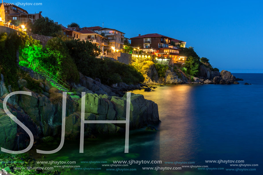 Night photo of old town of Sozopol of Sozopol ancient fortifications, Bulgaria