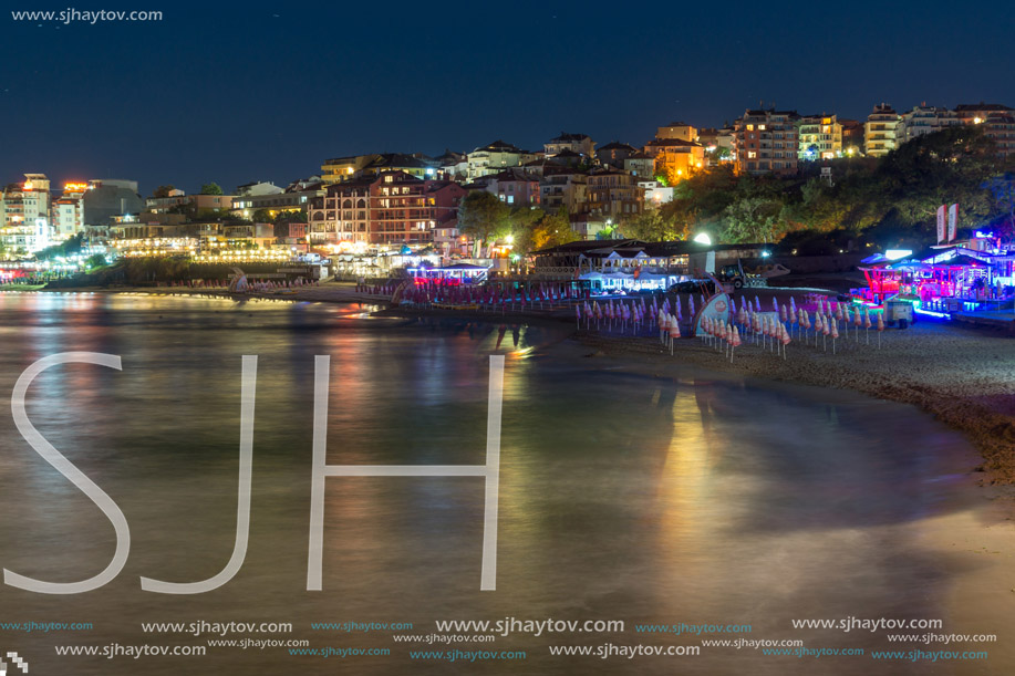 Twinlight view of beach and new part of Sozopol, Burgas Region, Bulgaria