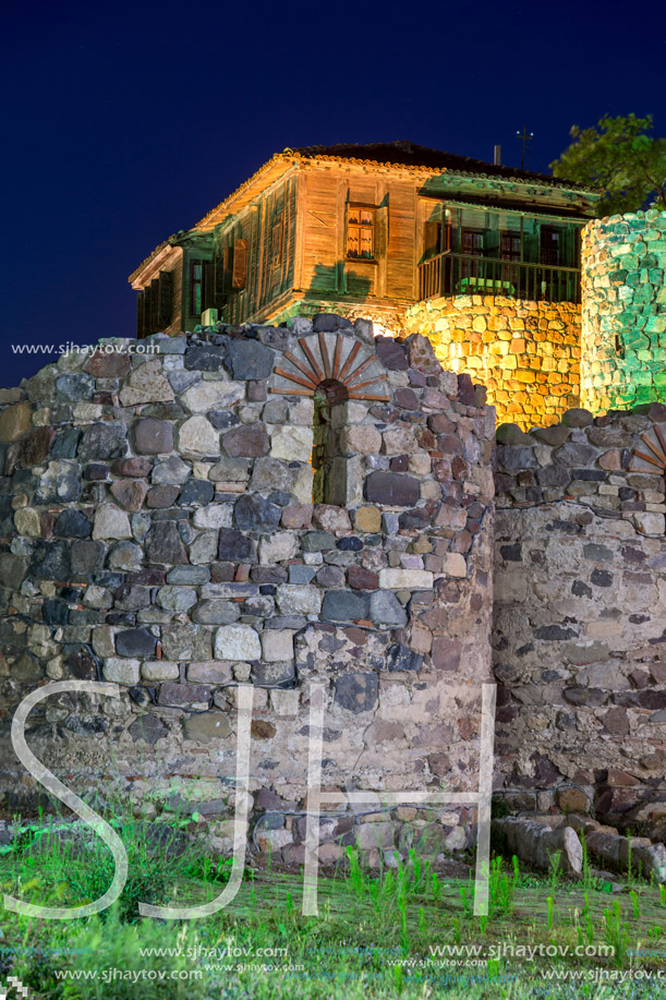 Night photo of reconstructed gate part of Sozopol ancient fortifications, Bulgaria