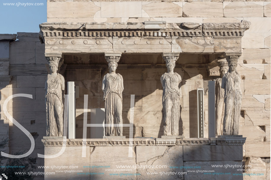 The Porch of the Caryatids in The Erechtheion an ancient Greek temple on the north side of the Acropolis of Athens, Attica, Greece