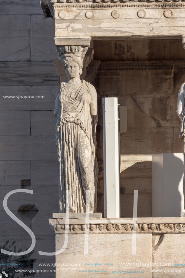 The Porch of the Caryatids in The Erechtheion an ancient Greek temple on the north side of the Acropolis of Athens, Attica, Greece